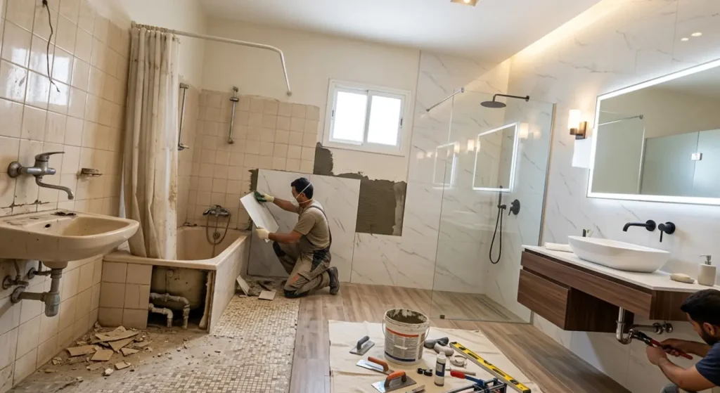 تصميم عصري لحمام حديث بعد الانتهاء من أعمال ترميم حمامات راقية، من تنفيذ مؤسسه استقرار بصفتها أفضل مؤسسه تشطيبات متخصصة.